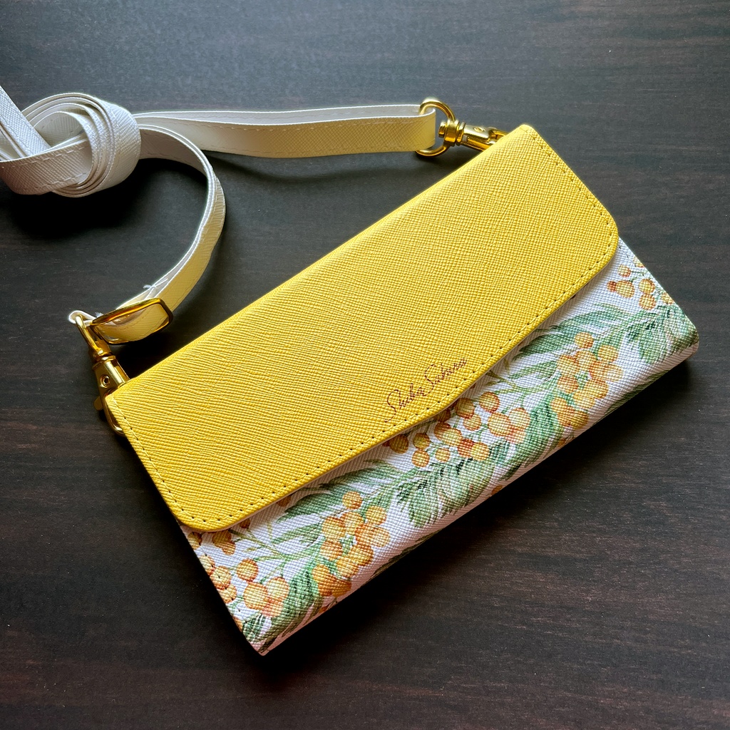 ミモザの三つ折り手帳型スマホケース(イエロー) 全機種対応 ミモザ 手帳型 スマホケース iphone Android iphone16 iphone15 iPhone16e