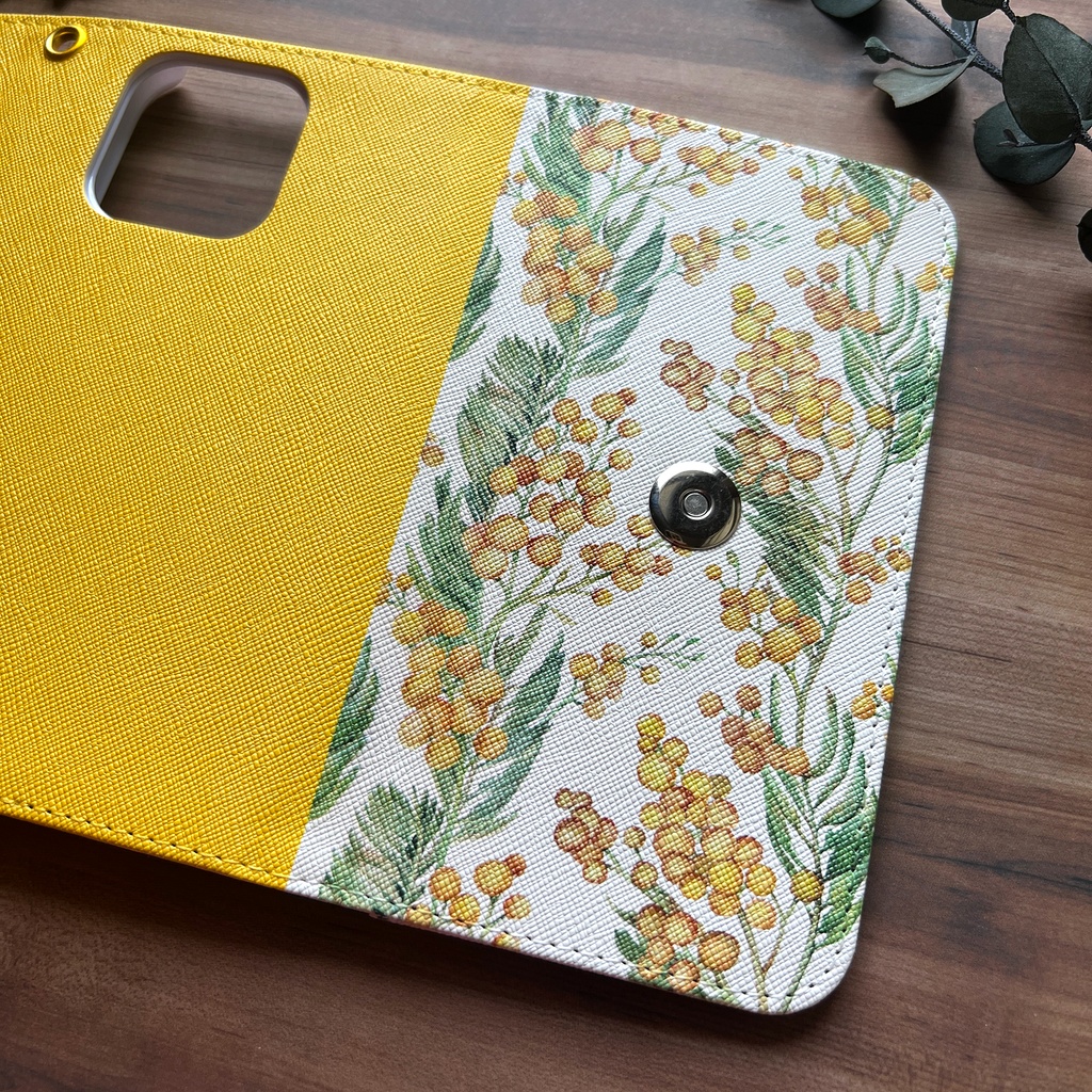 ミモザの三つ折り手帳型スマホケース(イエロー) 全機種対応 ミモザ 手帳型 スマホケース iphone Android iphone16 iphone15 iPhone16e