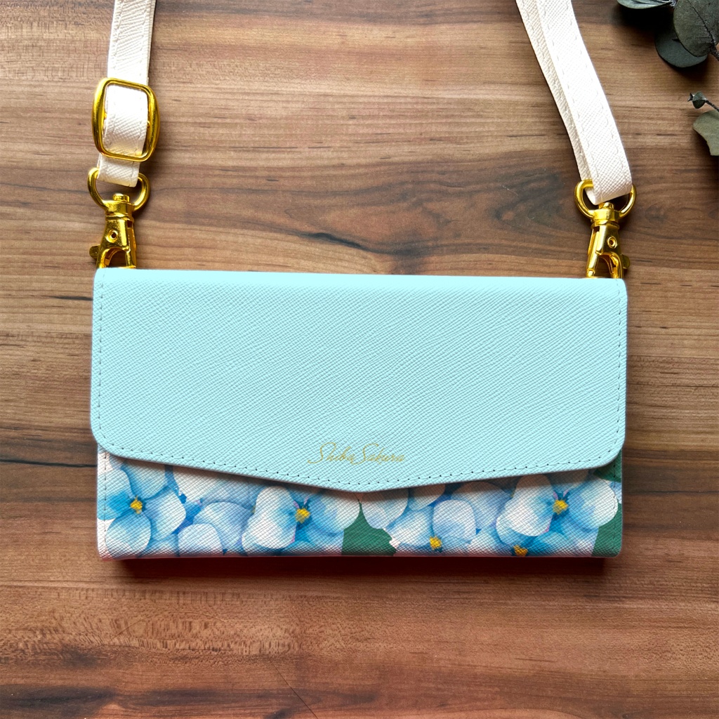 梅雨の紫陽花の三つ折り手帳型スマホケース(ライトブルー) 全機種対応 スマホケース iphone Android 夏 iphone16 iphone15 iPhone16e