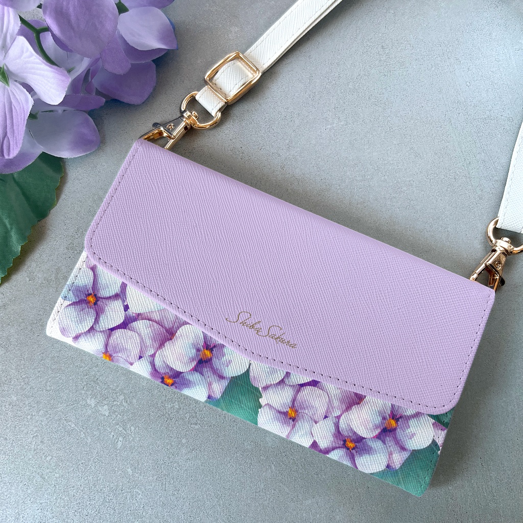 梅雨の紫陽花の三つ折り手帳型スマホケース（薄紫） 全機種対応 スマホケース iphone Android 夏 アジサイ iphone16 iphone15 iPhone17e