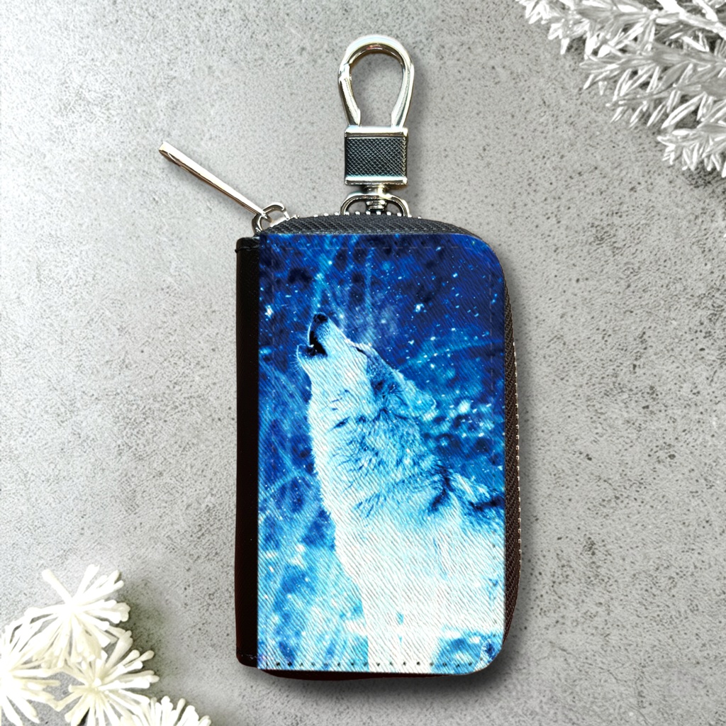 雪のオオカミのスマートキーケース 雪 冬 キーケース 宇宙 オオカミ