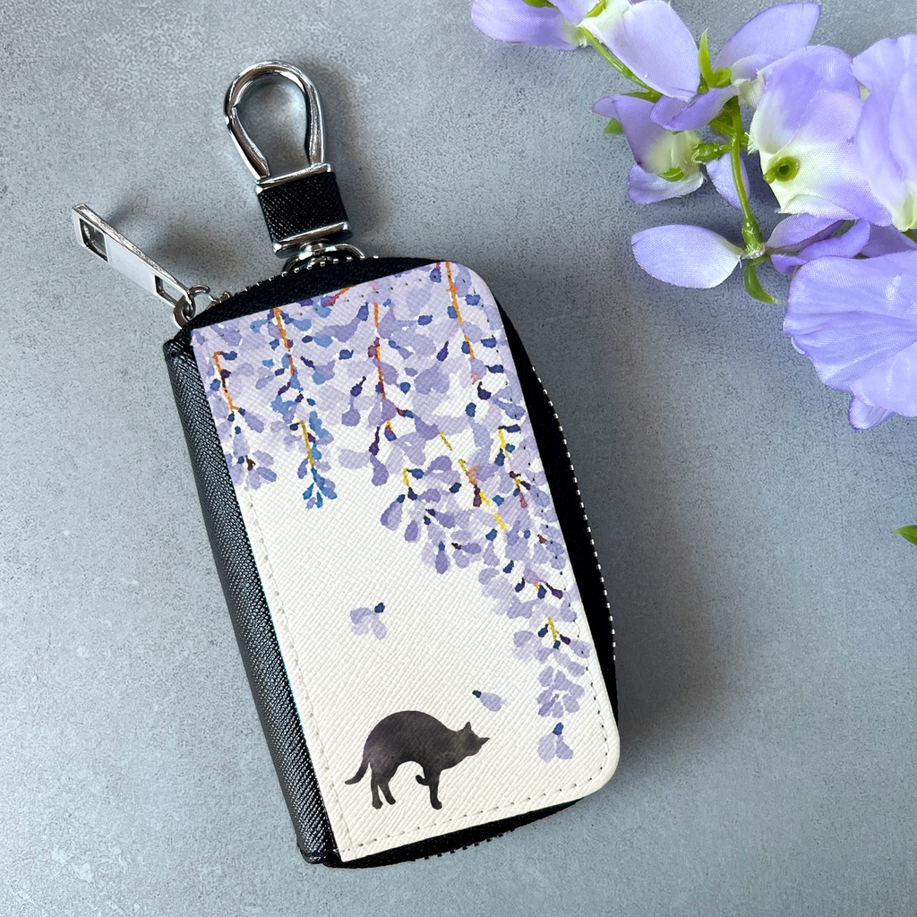 黒猫と藤のスマートキーケース 猫 黒猫 藤 キーケース 花