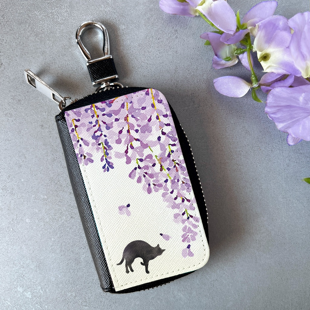 黒猫と藤のスマートキーケース（藤紫） 猫 黒猫 藤 キーケース 花