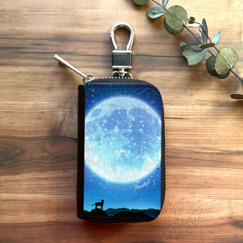 満月とねこのスマートキーケース(ブルー) 猫 黒猫 銀河 キーケース 宇宙 月