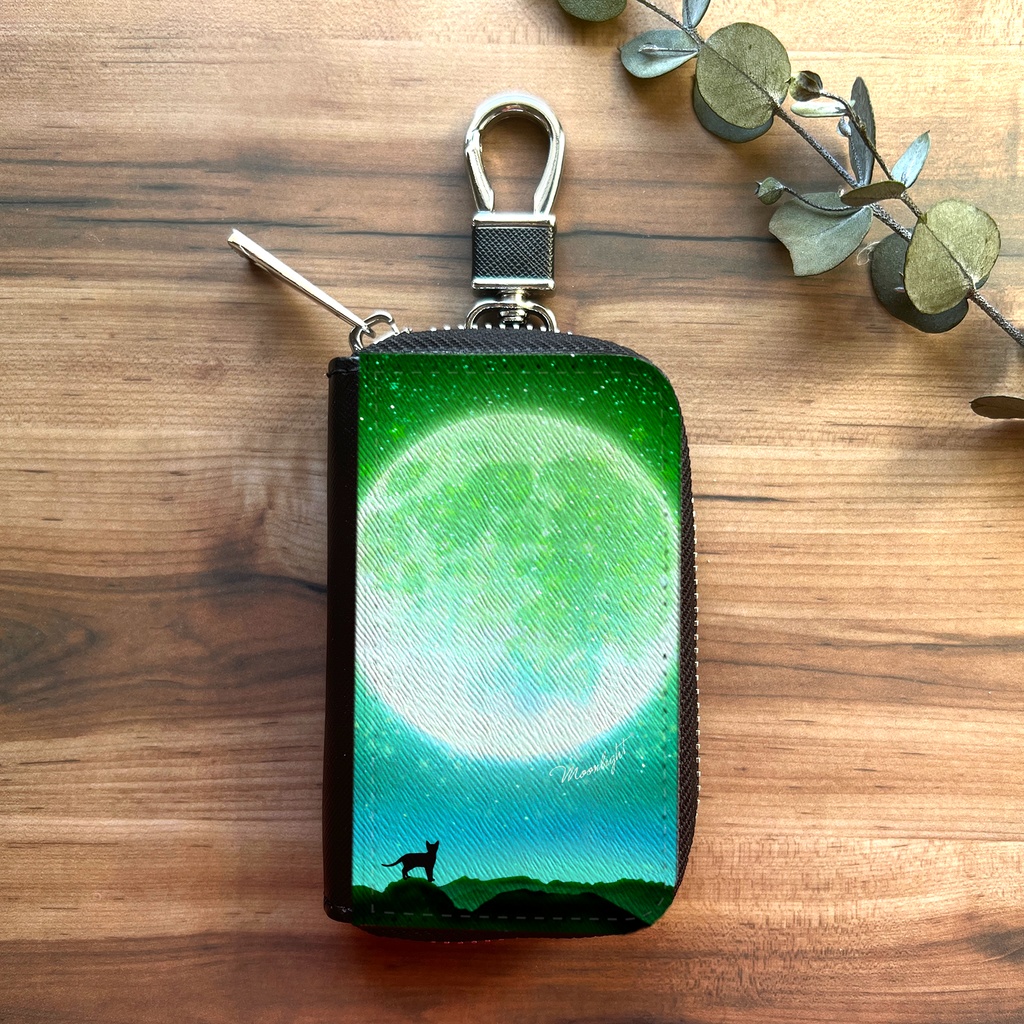 満月とねこのスマートキーケース(グリーン) 猫 黒猫 銀河 キーケース 宇宙 月