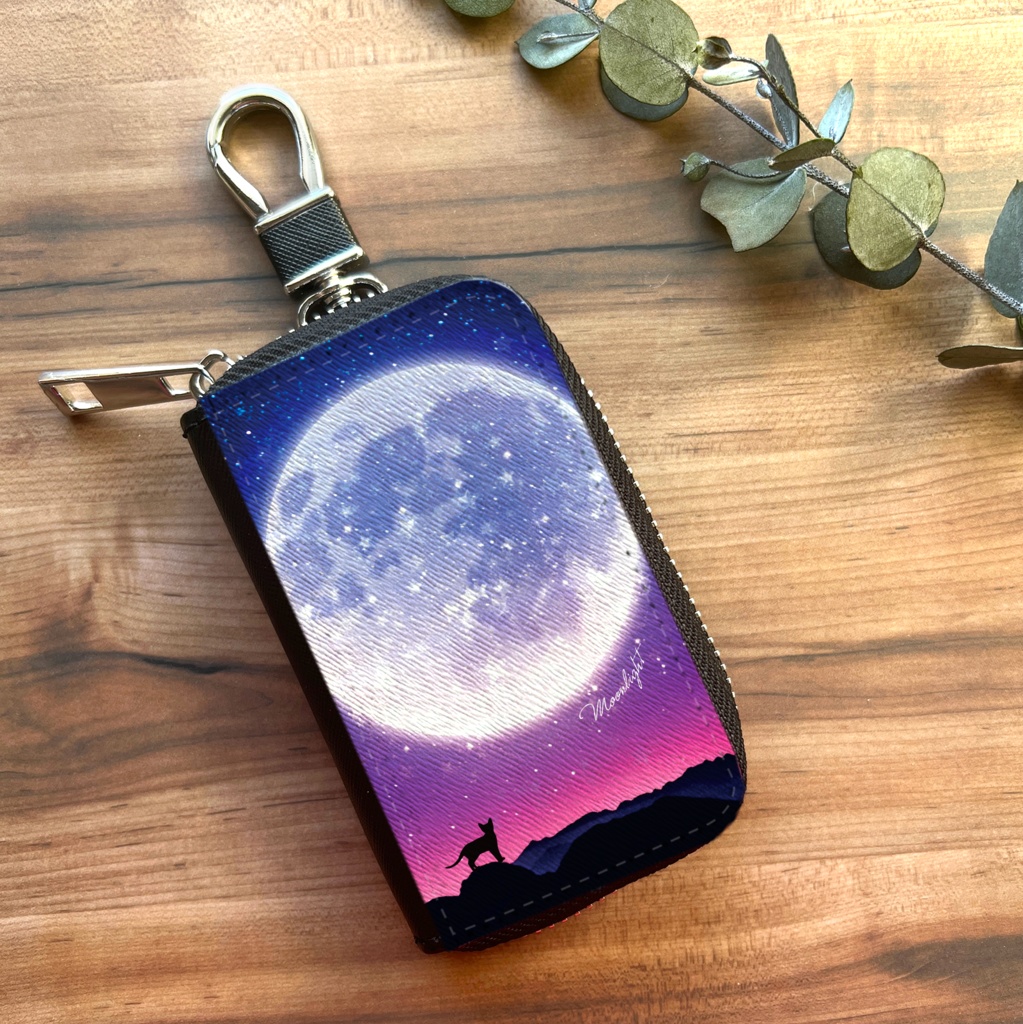 満月とねこのスマートキーケース(パープル) 猫 黒猫 銀河 キーケース 宇宙 月