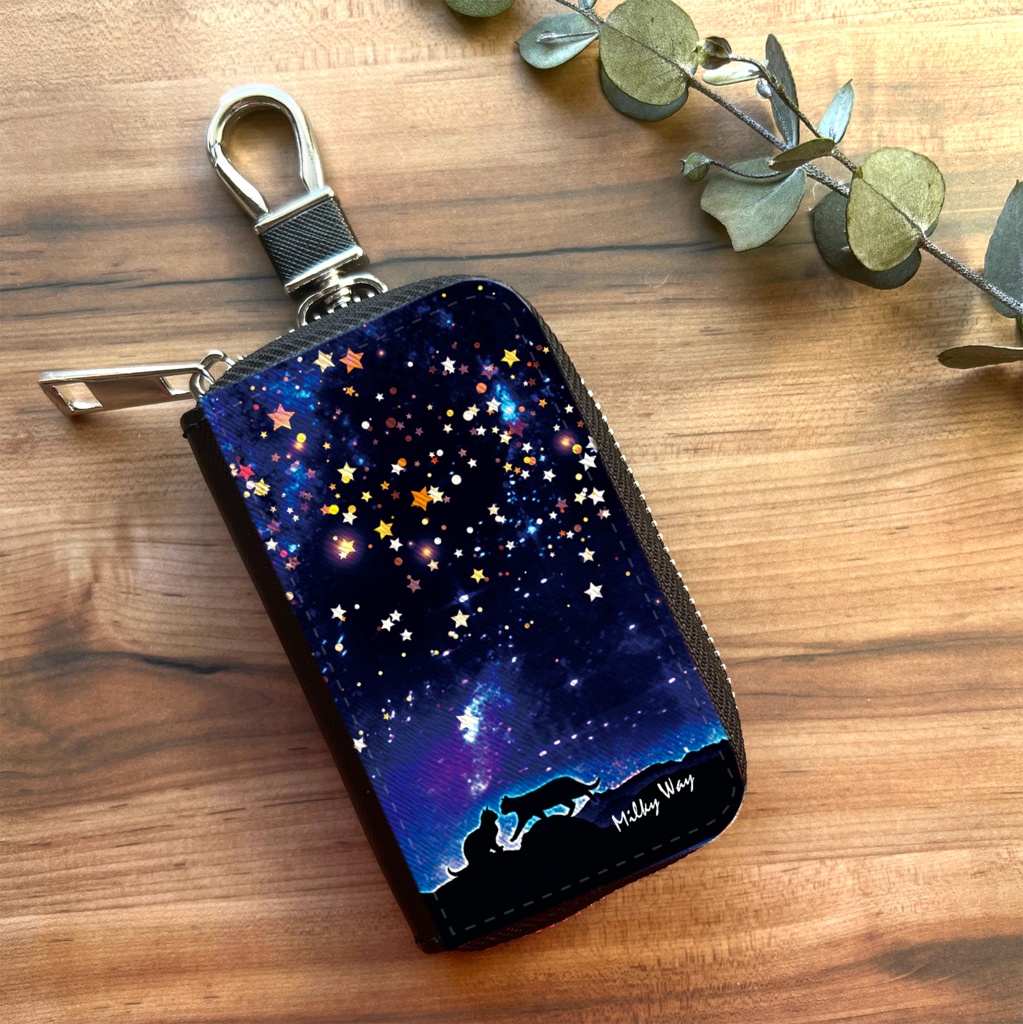星空デートな猫のスマートキーケース 猫 黒猫 銀河 キーケース 宇宙