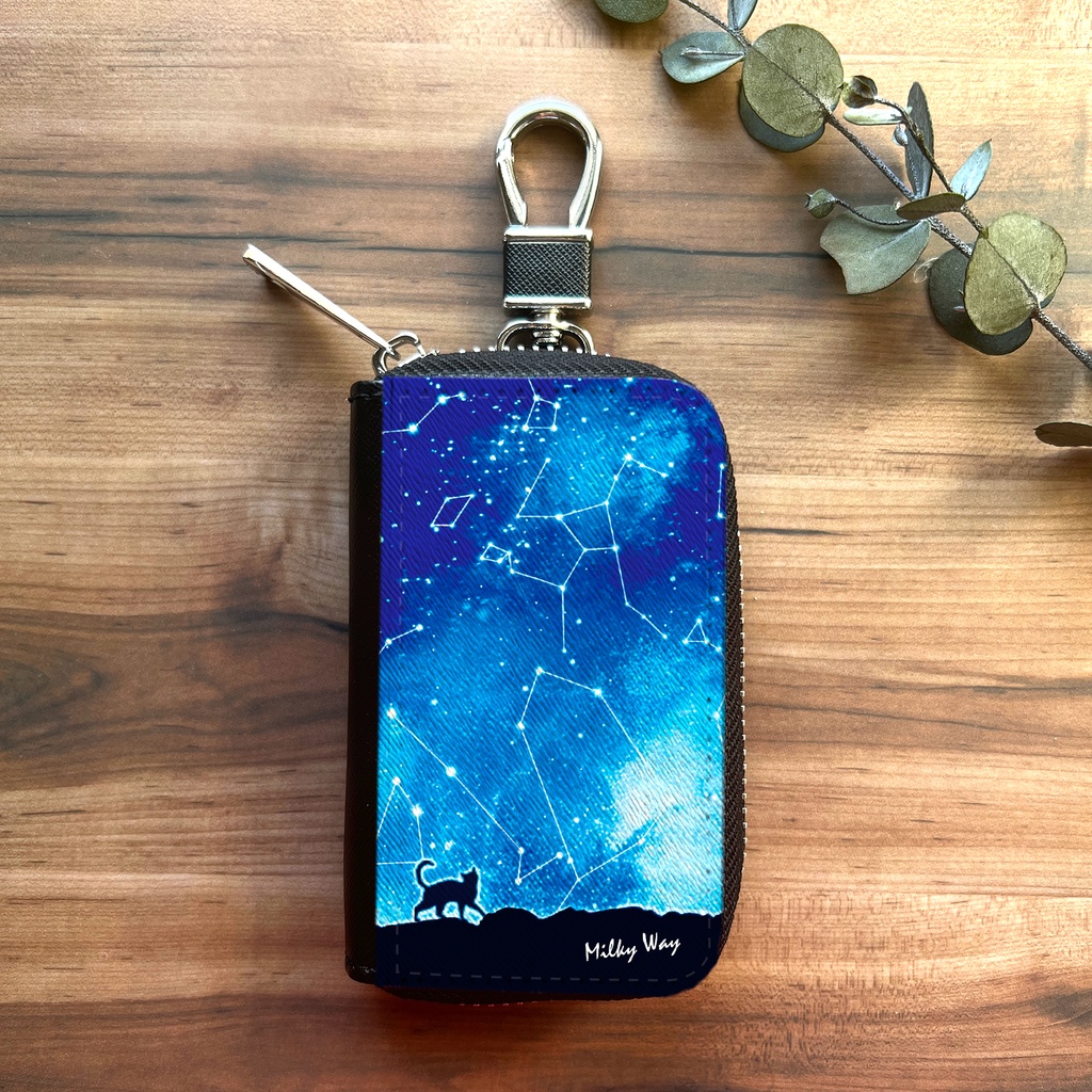 猫と星座のスマートキーケース 猫 黒猫 銀河 キーケース 宇宙