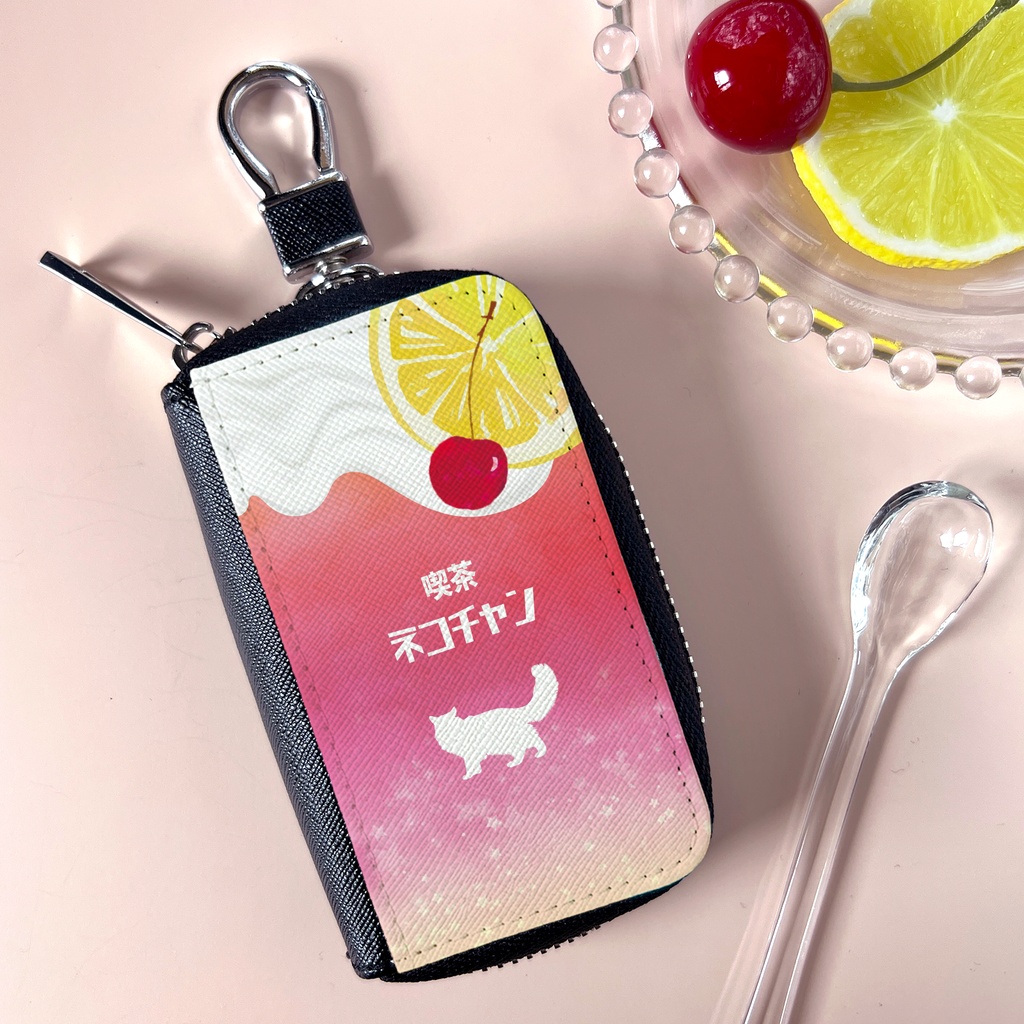 猫と黄昏ピンクレモネードのスマートキーケース 猫 キーケース 喫茶店 レモン