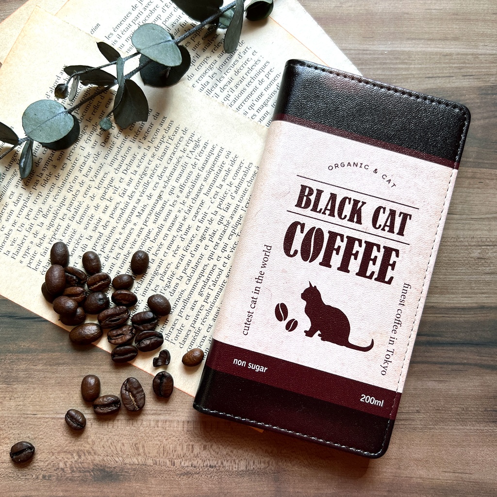 にゃんこコーヒーの手帳型スマホケース メンズ コーヒー 猫 黒猫 スマホケース iphone14 iphone16e iphone15 他