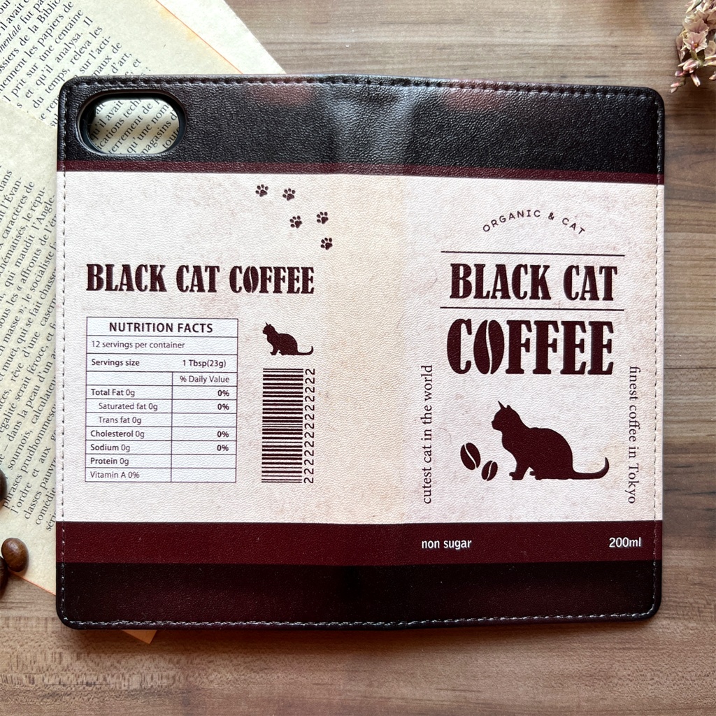 にゃんこコーヒーの手帳型スマホケース メンズ コーヒー 猫 黒猫 スマホケース iphone14 iphone16e iphone15 iPhone17 Air 他