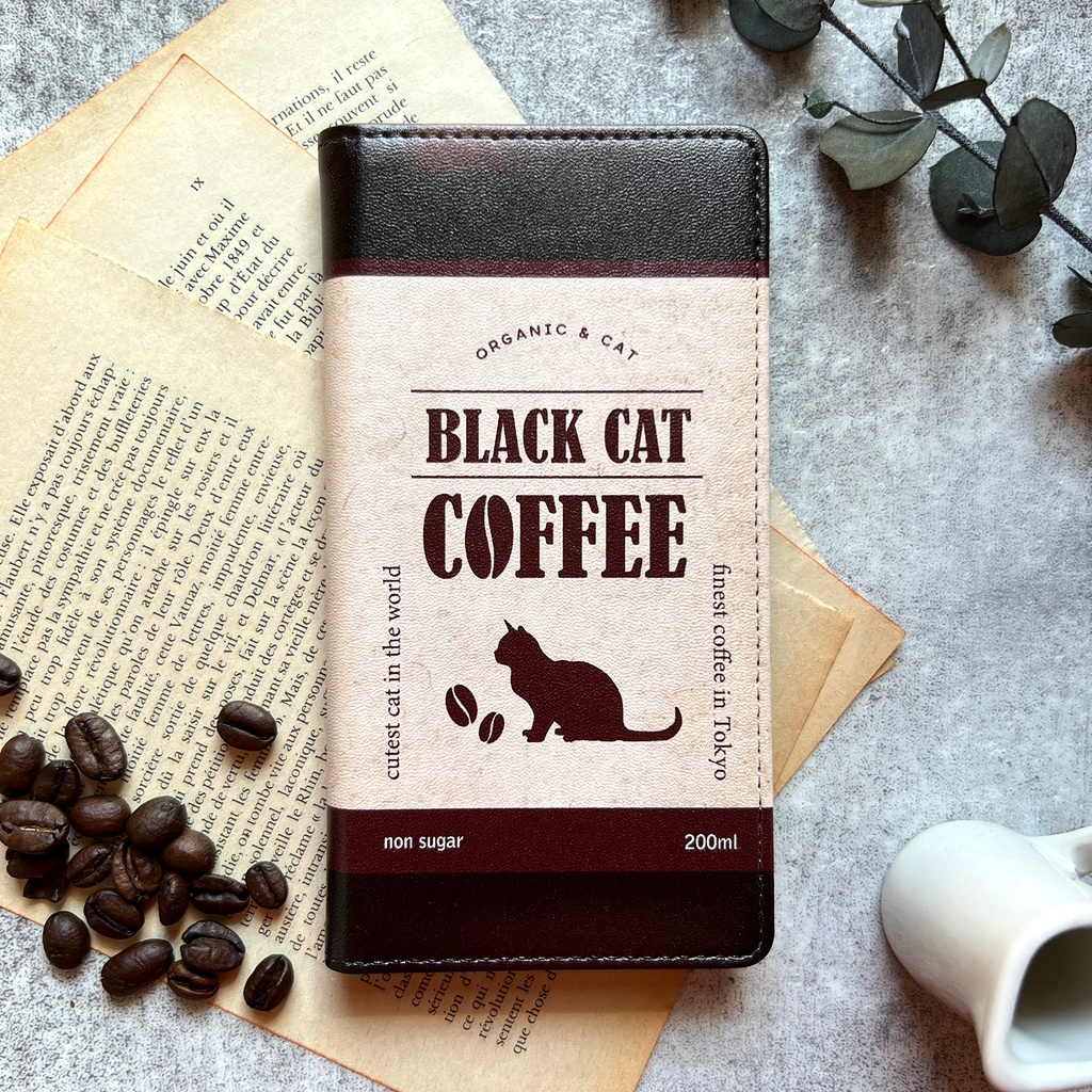 にゃんこコーヒーの手帳型スマホケース メンズ コーヒー 猫 黒猫 スマホケース iphone14 iphone16e iphone15 iPhone17 Air 他