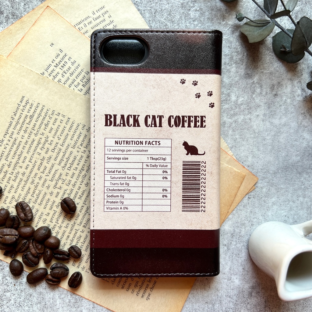 にゃんこコーヒーの手帳型スマホケース メンズ コーヒー 猫 黒猫 スマホケース iphone14 iphone16e iphone15 iPhone17 Air 他
