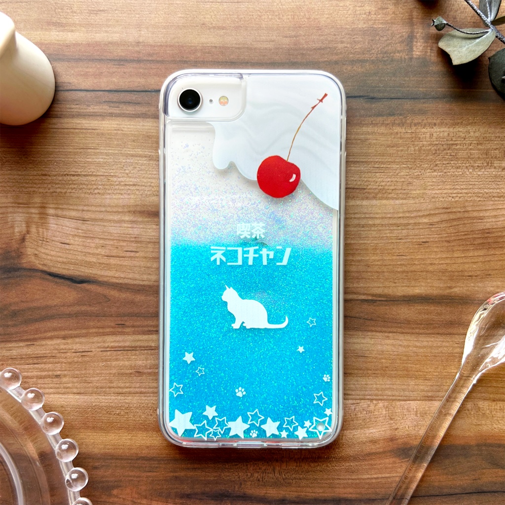 ねこねこクリームソーダのグリッターケース 猫 星 喫茶店 クリームソーダ グリッターケース iphone14 iphone15 iphone17 air iPhone16e 他