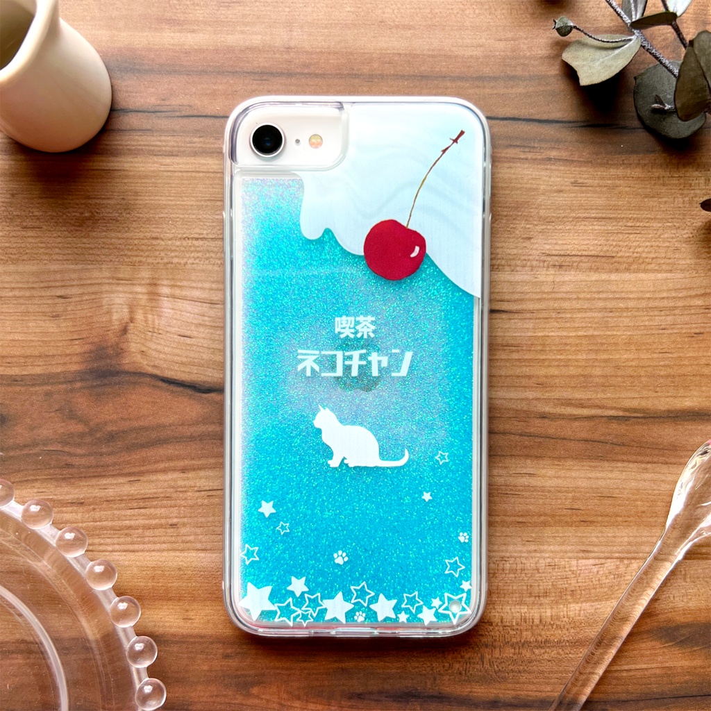 ねこねこクリームソーダのグリッターケース 猫 星 喫茶店 クリームソーダ グリッターケース iphone14 iphone15 iphone17 air iPhone16e 他