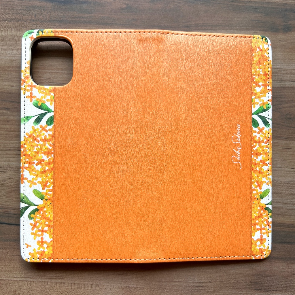 キンモクセイの手帳型スマホケース(濃橙) 金木犀 花 スマホケース iphone15 iphone16e 全機種対応