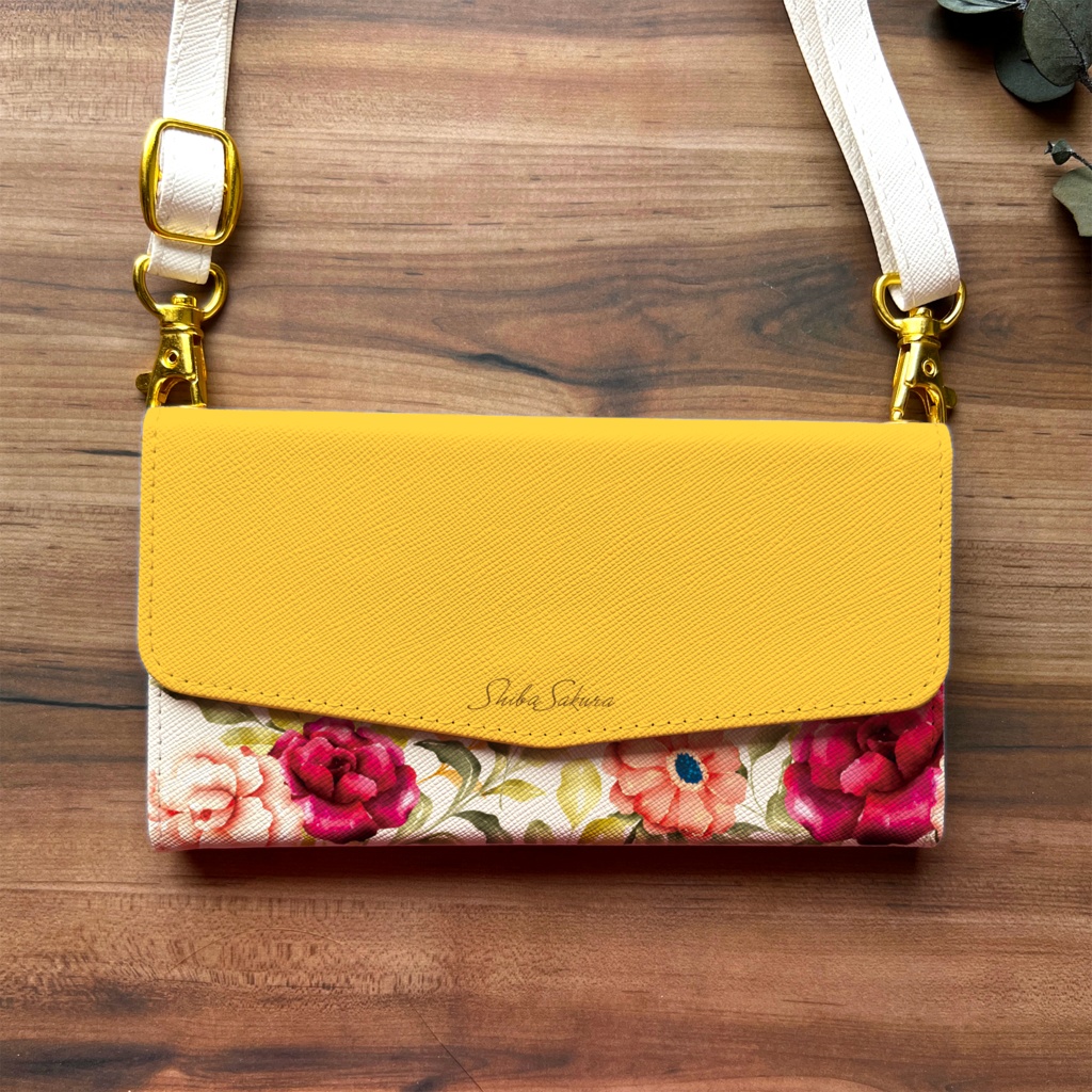 秋バラとコスモスの三つ折り手帳型スマホケース(マスタード) 全機種対応 スマホケース iphone Android iphone16 iphone15 iPhone16e