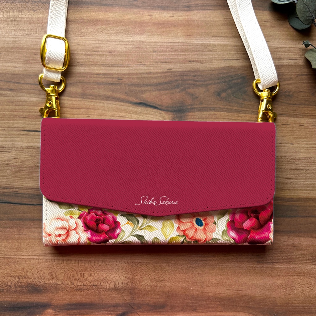 秋バラとコスモスの三つ折り手帳型スマホケース(レッド) 全機種対応 スマホケース iphone Android iphone16 iphone15 iPhone16e