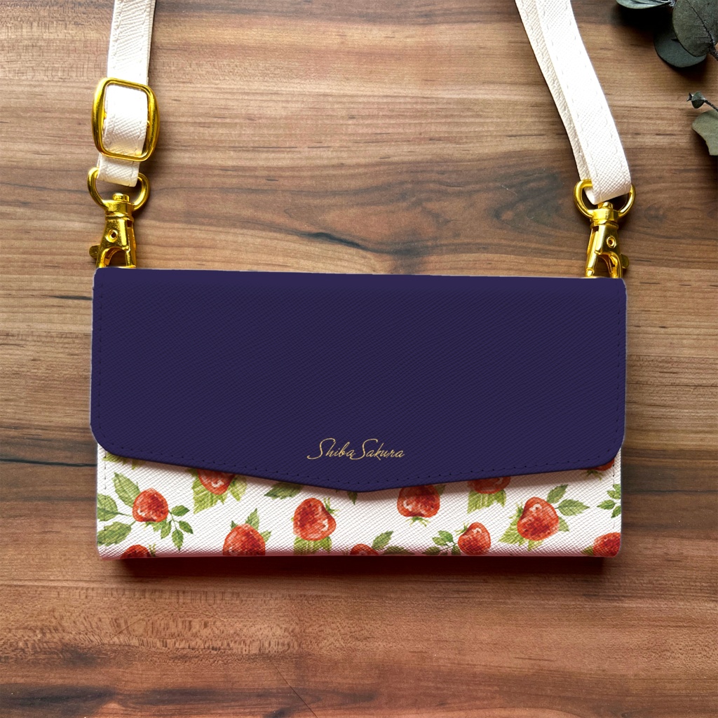 ワイルドストロベリーの三つ折り手帳型スマホケース(ネイビー) スマホケース iphone Android いちご iphone16 iphone15 iPhone16e