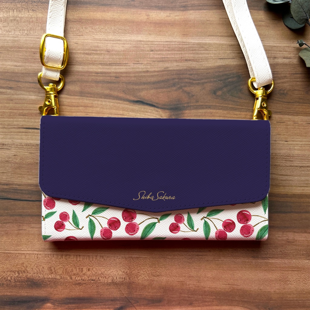 チェリーの三つ折り手帳型スマホケース(ネイビー) 全機種対応 スマホケース iphone Android さくらんぼ iphone16 iphone15 iPhone16e