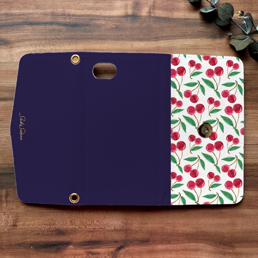 チェリーの三つ折り手帳型スマホケース(ネイビー) 全機種対応 スマホケース iphone Android さくらんぼ iphone16 iphone15 iPhone16e
