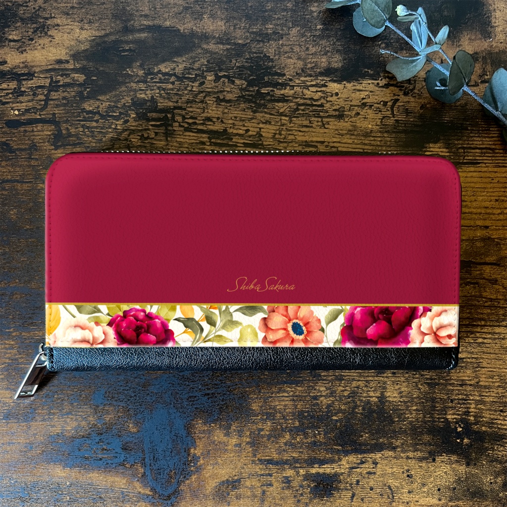 秋バラとコスモスの長財布(ワインレッド) 花 財布 長財布 バラ コスモス