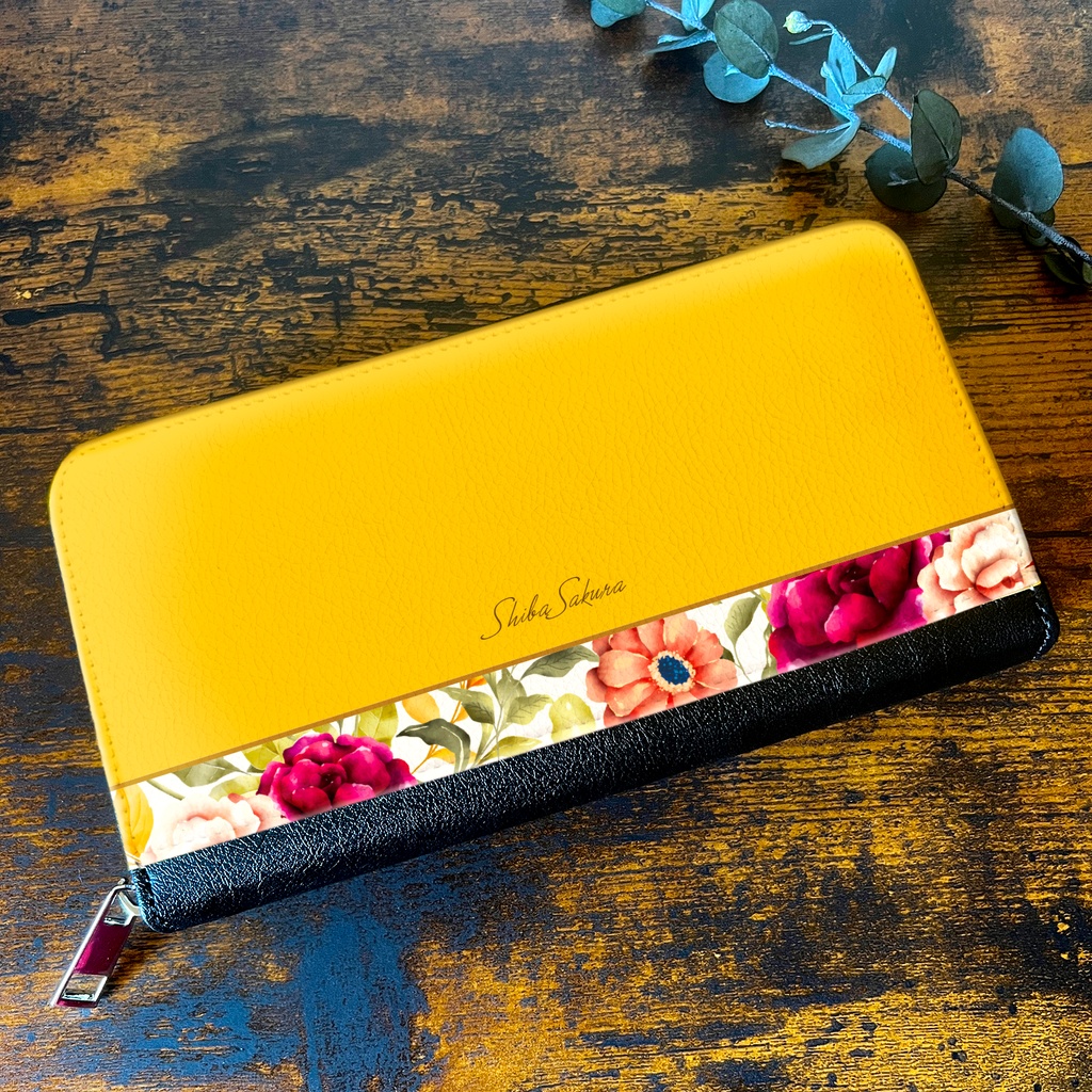 秋バラとコスモスの長財布（マスタード） 花 財布 長財布 バラ コスモス