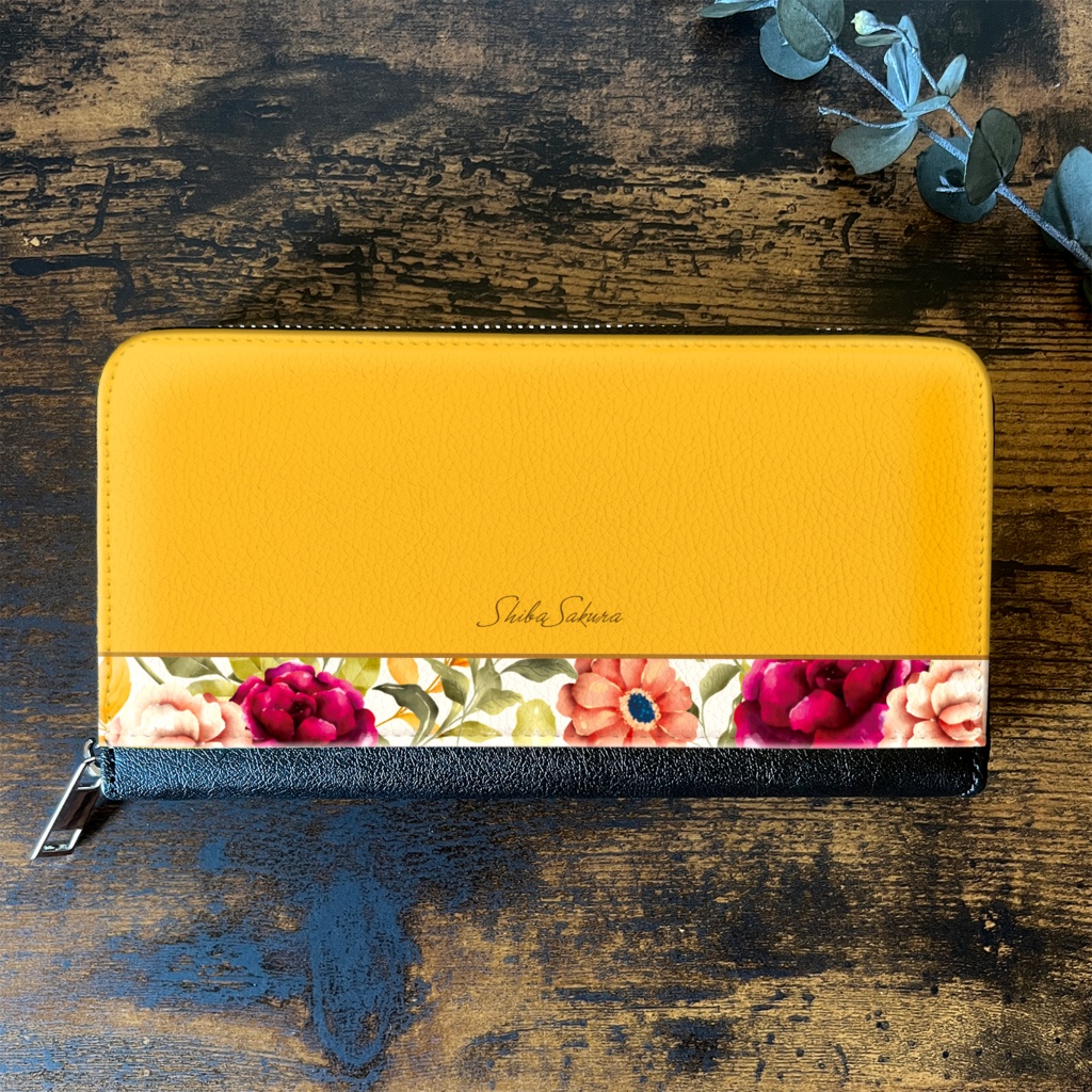秋バラとコスモスの長財布(マスタード) 花 財布 長財布 バラ コスモス