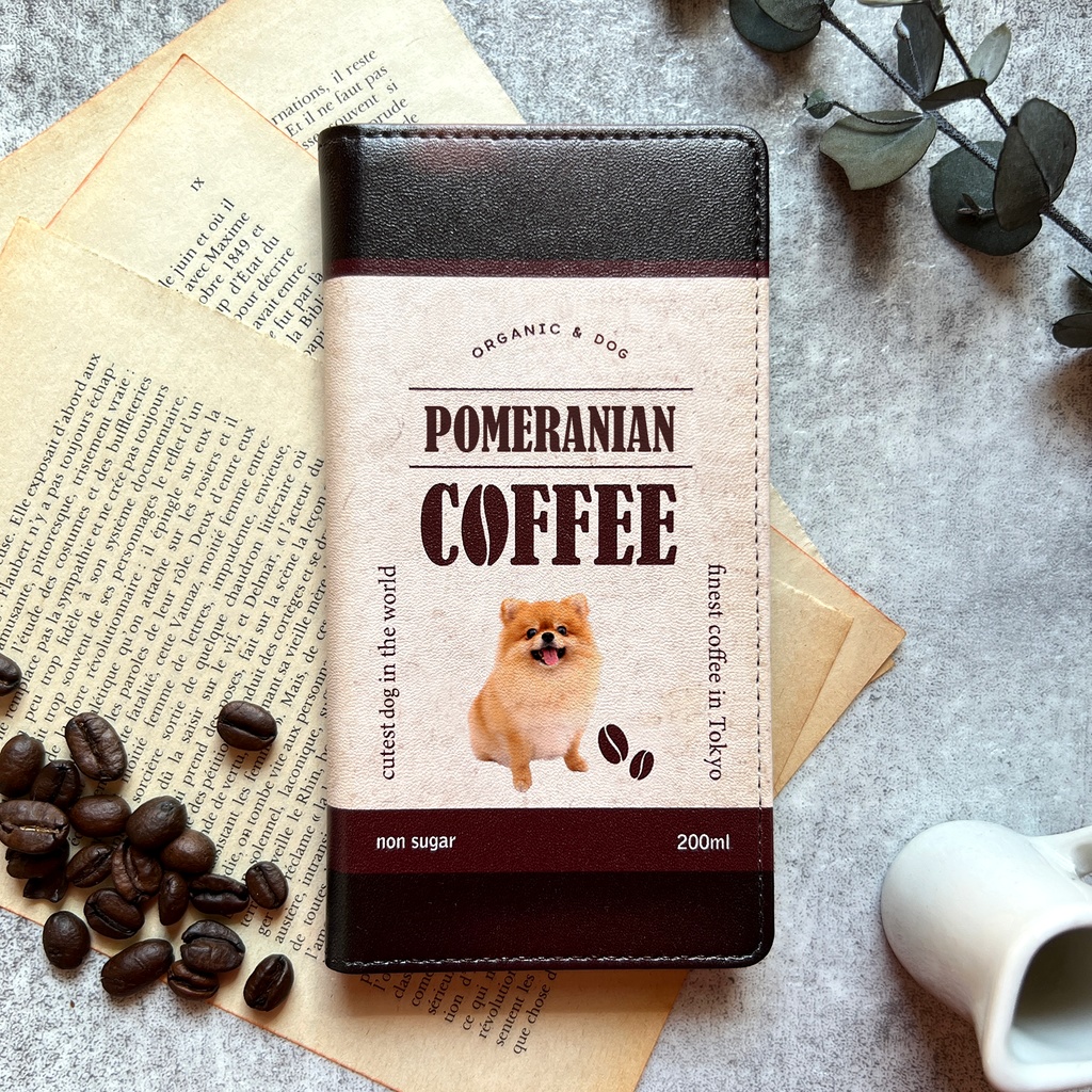 ポメコーヒーの手帳型スマホケース メンズ コーヒー 犬 スマホケース iphone14 iphone15 iPhone16 他