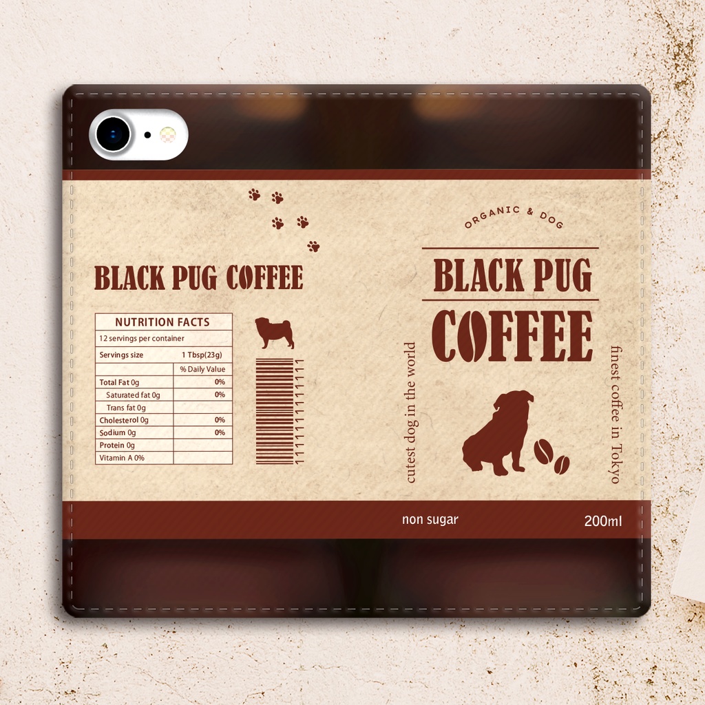 黒パグコーヒーの手帳型スマホケース メンズ コーヒー 犬 パグ スマホケース iphone14 iphone15 iPhone16e iPhone17 Air 他