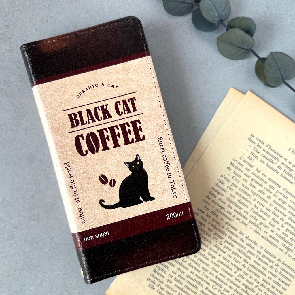 黒猫コーヒーの手帳型スマホケース メンズ コーヒー 猫 黒猫 スマホケース iPhone17e Air iphone14 iphone15 iPhone16e 他