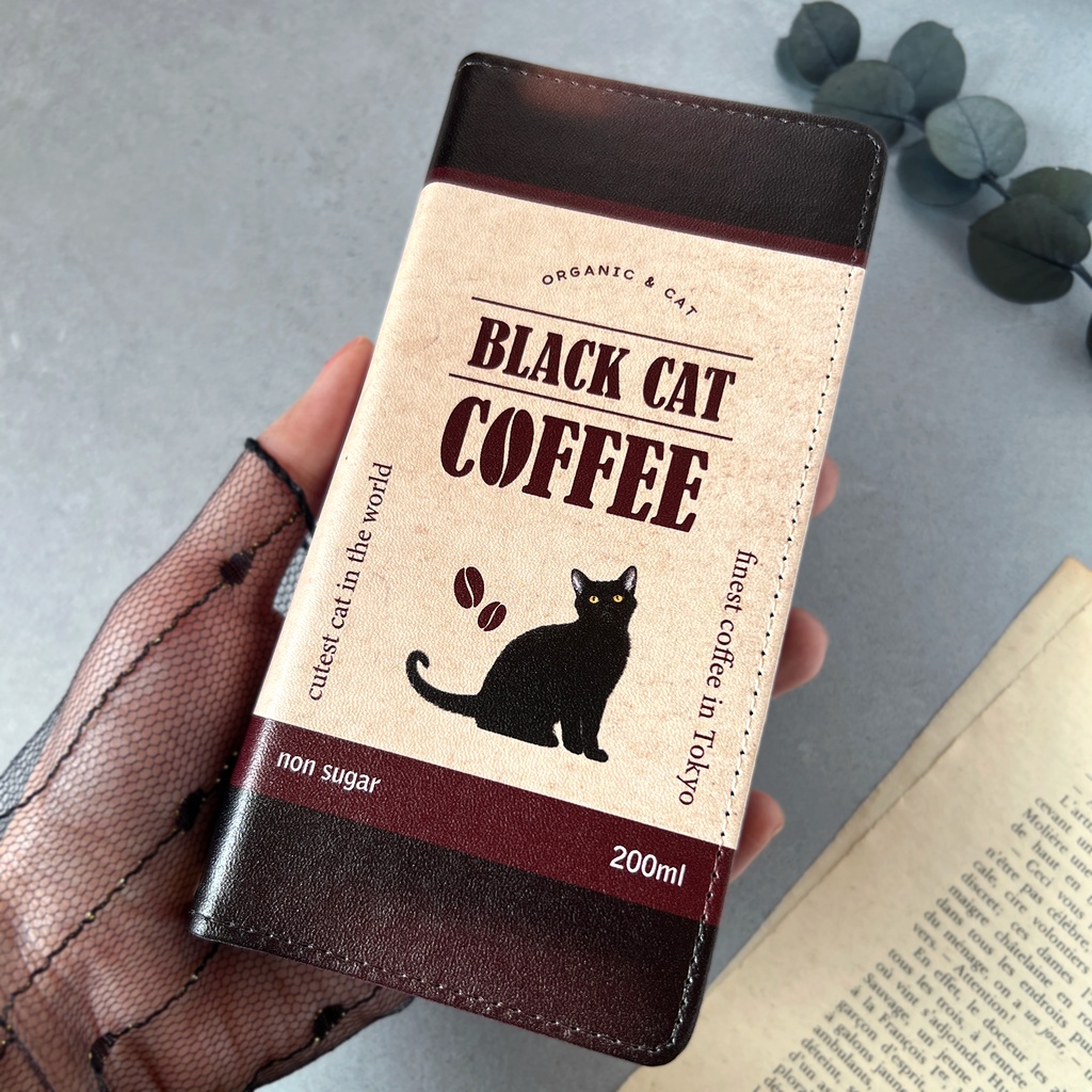 黒猫コーヒーの手帳型スマホケース メンズ コーヒー 猫 黒猫 スマホケース iPhone17e Air iphone14 iphone15 iPhone16e 他