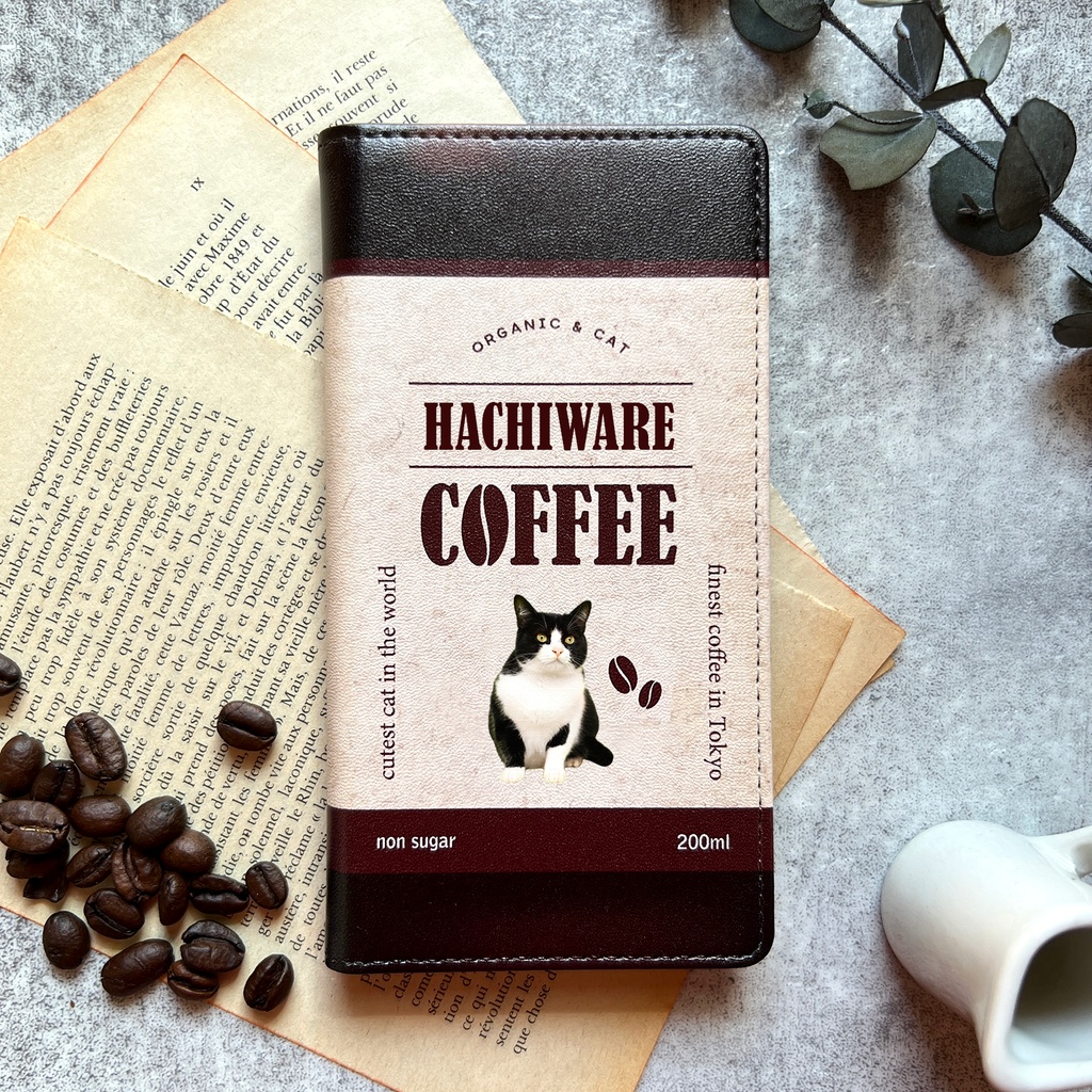 ハチワレコーヒーの手帳型スマホケース メンズ コーヒー 猫 スマホケース iphone14 iphone15 他