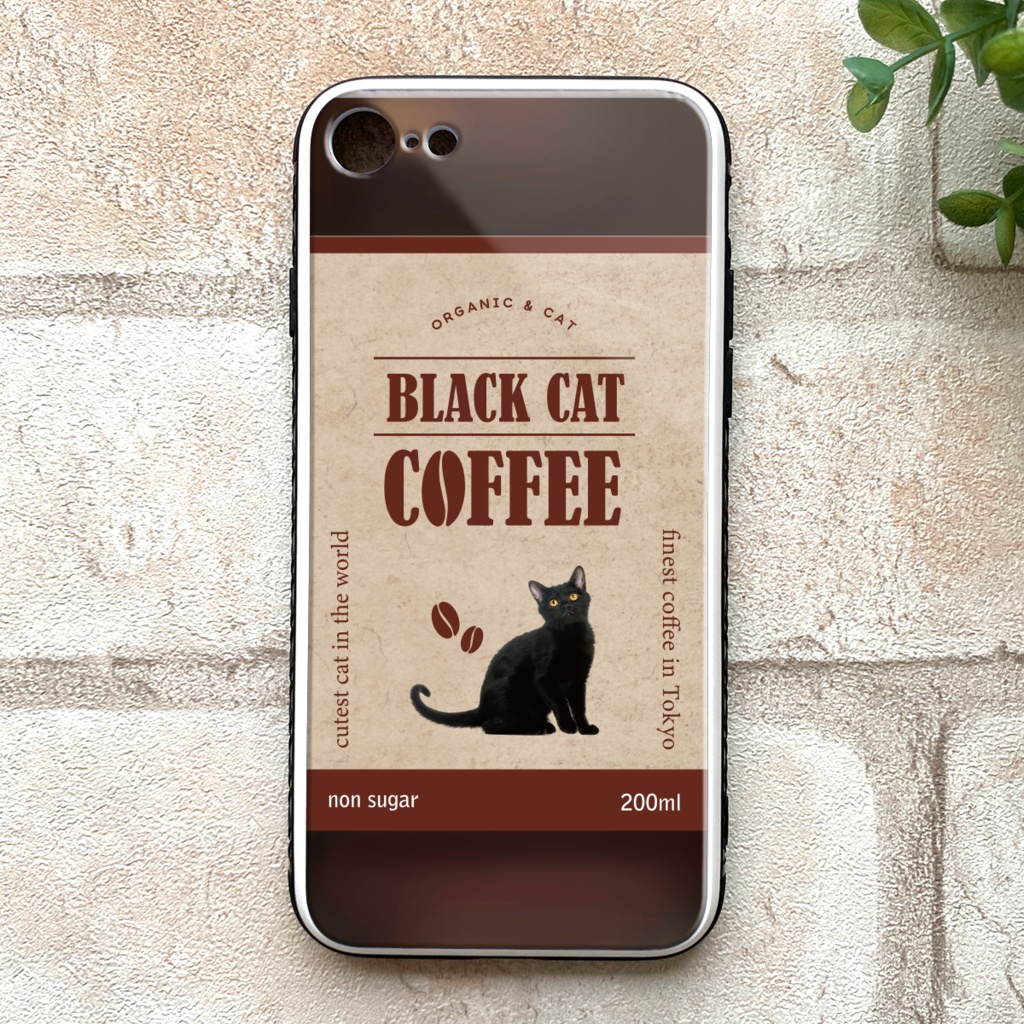 黒猫コーヒーのスマホケース（強化ガラス） コーヒー 猫 メンズ iphone14 iphone15 SE3 XR 他