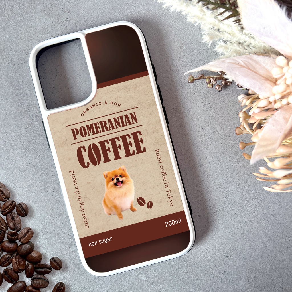 ポメコーヒーのスマホケース（強化ガラス） コーヒー 犬 メンズ iPhone17e Air iphone13 iphone14 iphone15 SE3 iphone16 他
