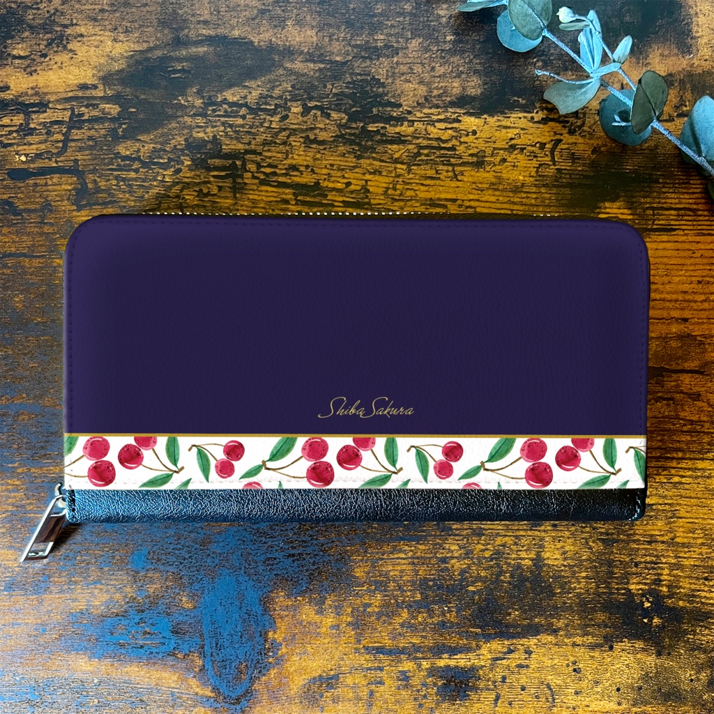 チェリーの長財布(ネイビー) さくらんぼ チェリー 財布 長財布