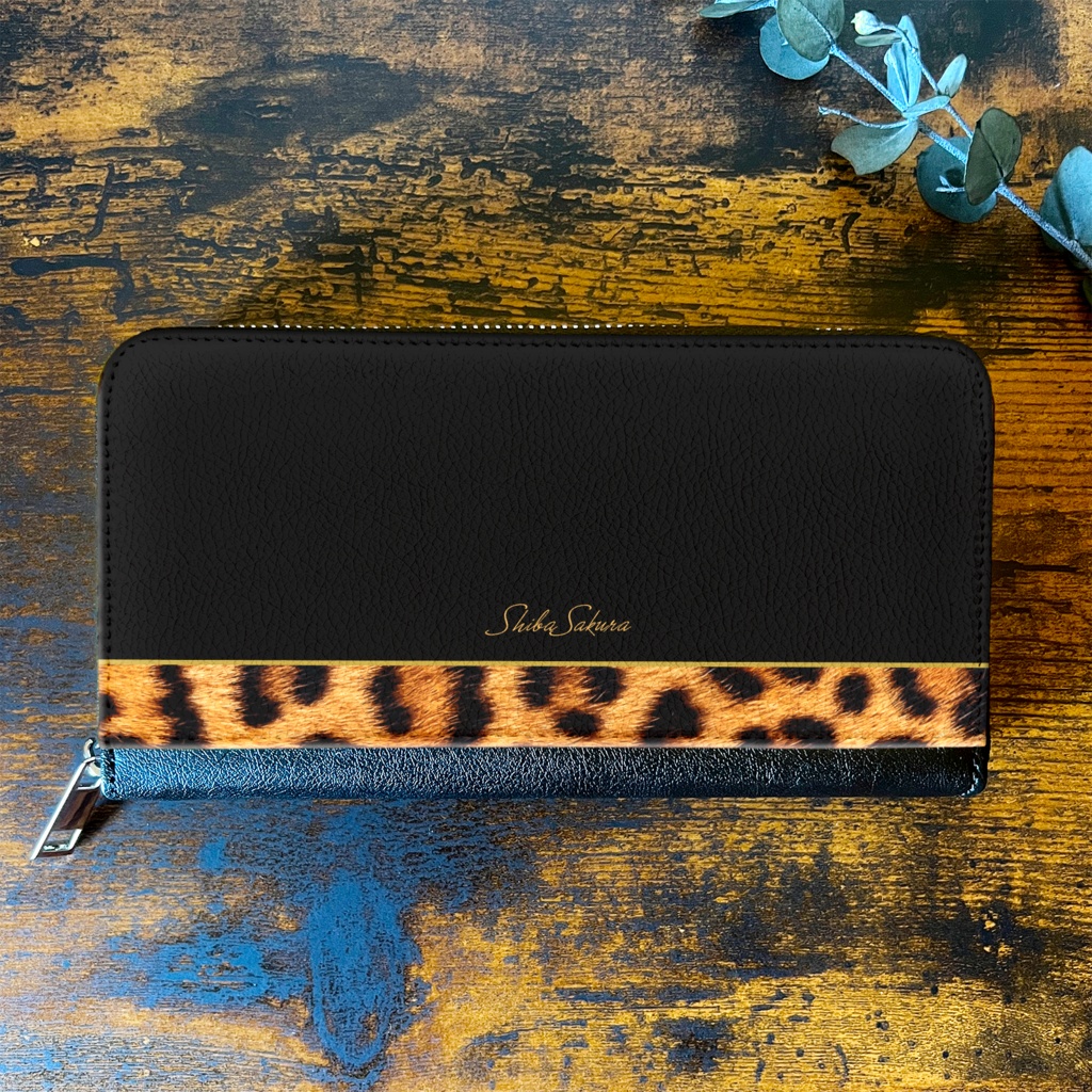 ベンガル猫×ブラックの長財布 猫 ベンガル ヒョウ 財布 長財布