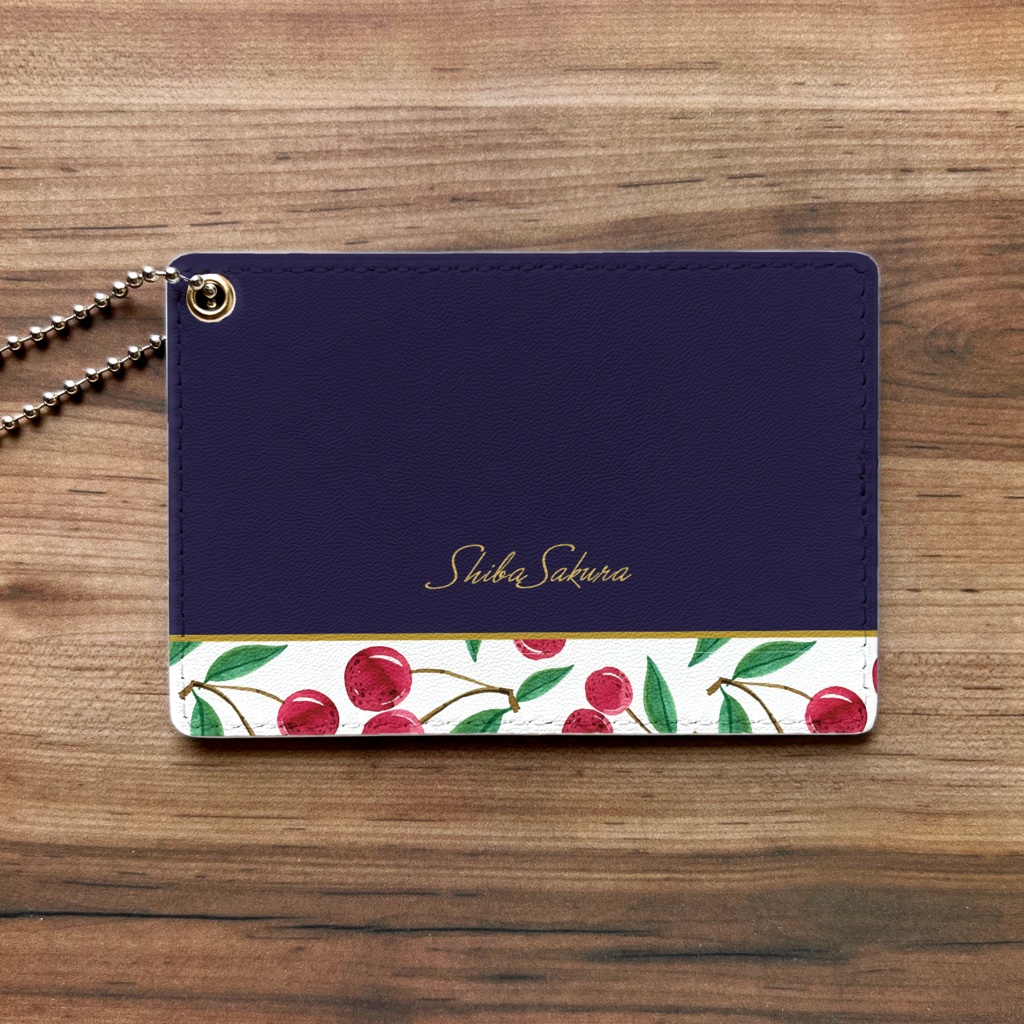 チェリーのパスケース(ネイビー) さくらんぼ チェリー フルーツ 定期入れ カードケース