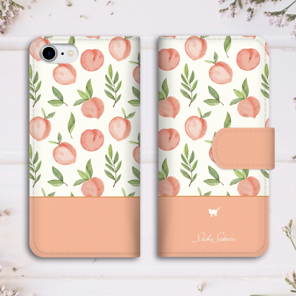 桃とにゃんこの手帳型スマホケース(ピーチピンク)猫 桃 iPhone17 Air iphone16e iphone15 SE3 他