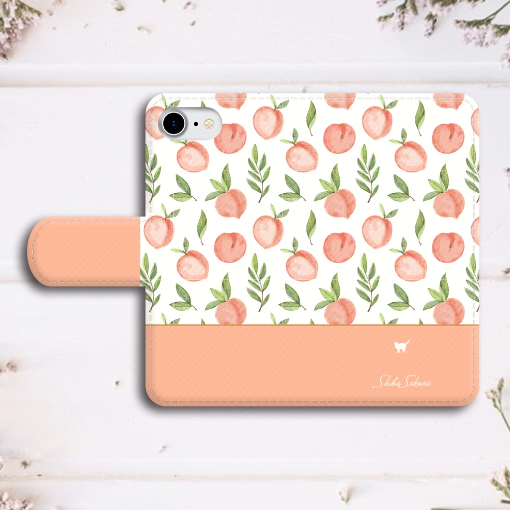 桃とにゃんこの手帳型スマホケース(ピーチピンク)猫 桃 iPhone17 Air iphone16e iphone15 SE3 他