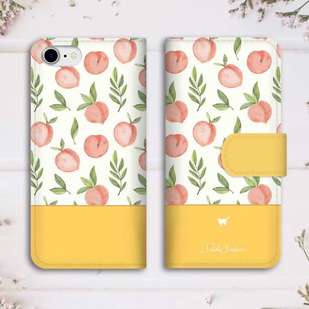 桃とにゃんこの手帳型スマホケース(ピーチイエロー)猫 桃 iPhone17 Air iphone16e iphone15 SE3 他