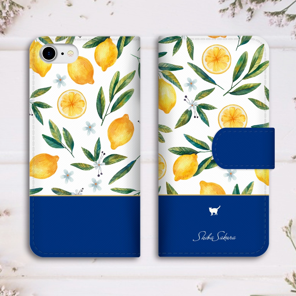 にゃんこレモンの手帳型スマホケース(ネイビー)猫 レモン iphone16e iphone15 iphone17 SE3 他