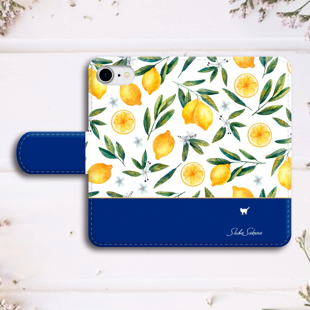にゃんこレモンの手帳型スマホケース(ネイビー)猫 レモン iphone16e iphone15 iphone17 SE3 他
