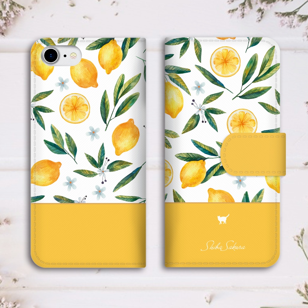 にゃんこレモンの手帳型スマホケース(イエロー)猫 レモン iphone16e iphone15 SE3 他