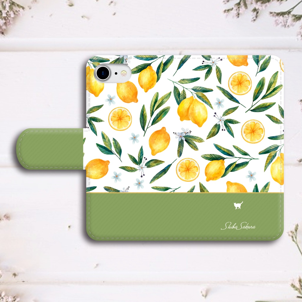 にゃんこレモンの手帳型スマホケース(グリーン)猫 レモン iphone16e iphone17 SE3 他