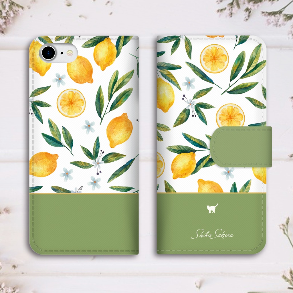 にゃんこレモンの手帳型スマホケース(グリーン)猫 レモン iphone16e iphone17 SE3 他