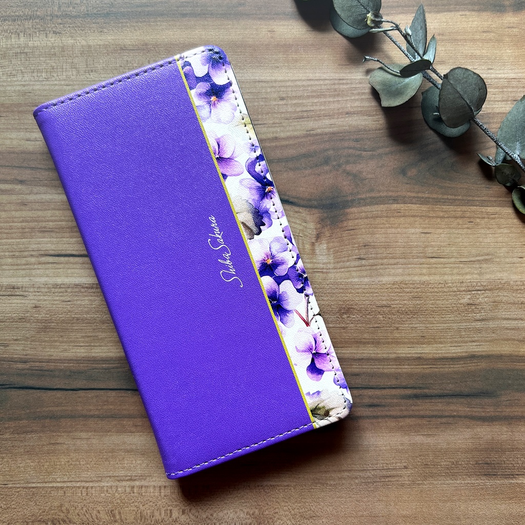 春のスミレの手帳型スマホケース（菫色）花 スマホケース iphone15 iphone14 全機種対応 すみれ