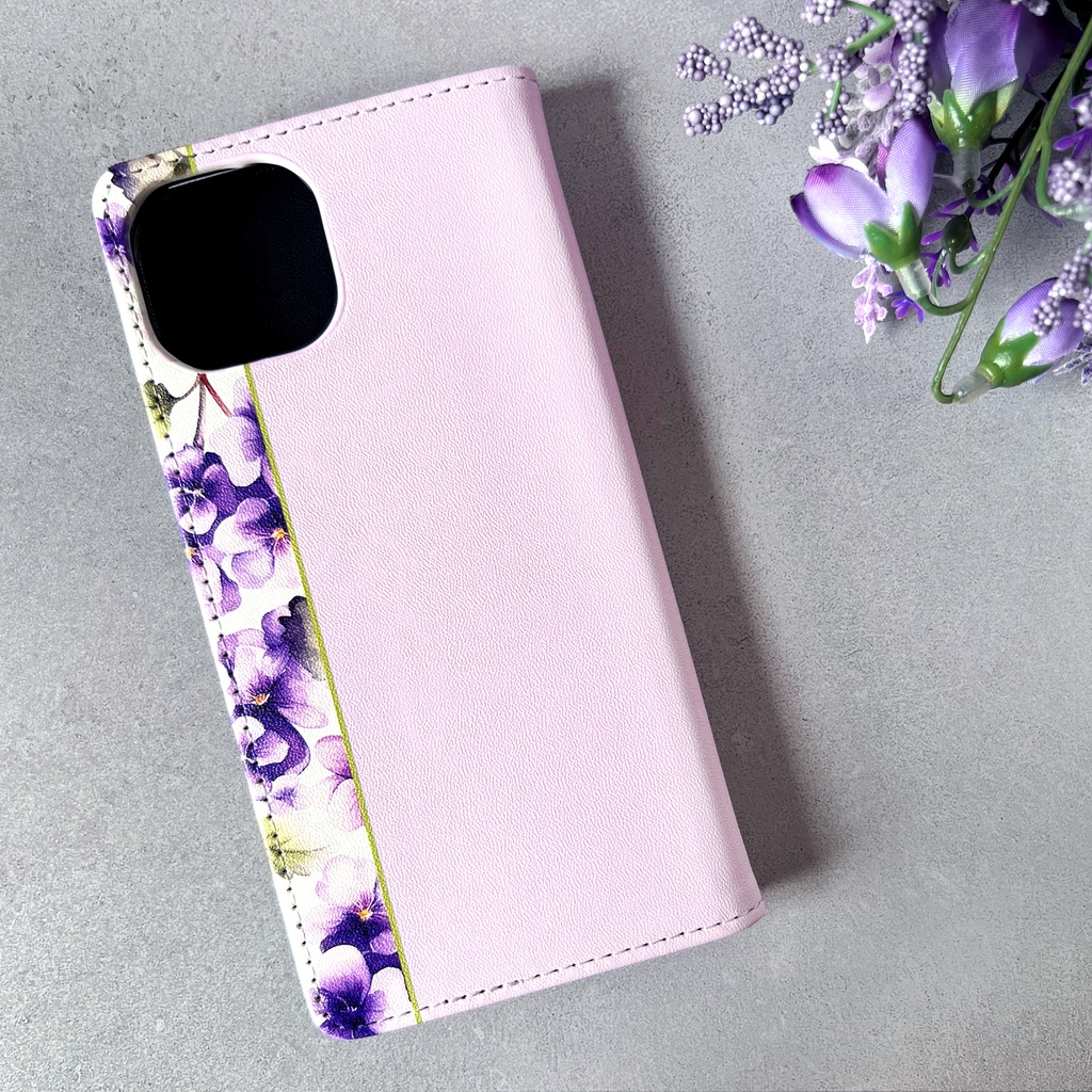 春のスミレの手帳型スマホケース(淡紫)花 スマホケース iPhone17e Air iPhone16e iphone15 iphone14 全機種対応 すみれ