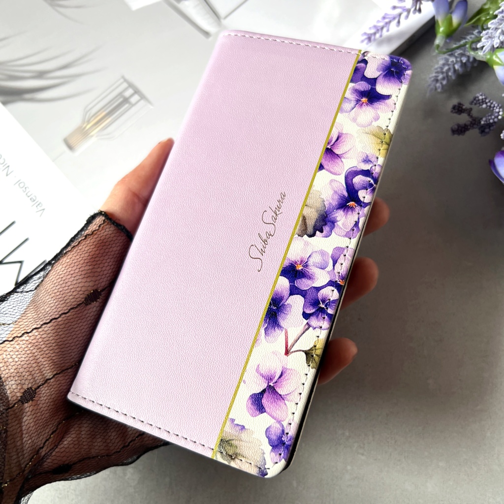 春のスミレの手帳型スマホケース(淡紫)花 スマホケース iPhone17e Air iPhone16e iphone15 iphone14 全機種対応 すみれ