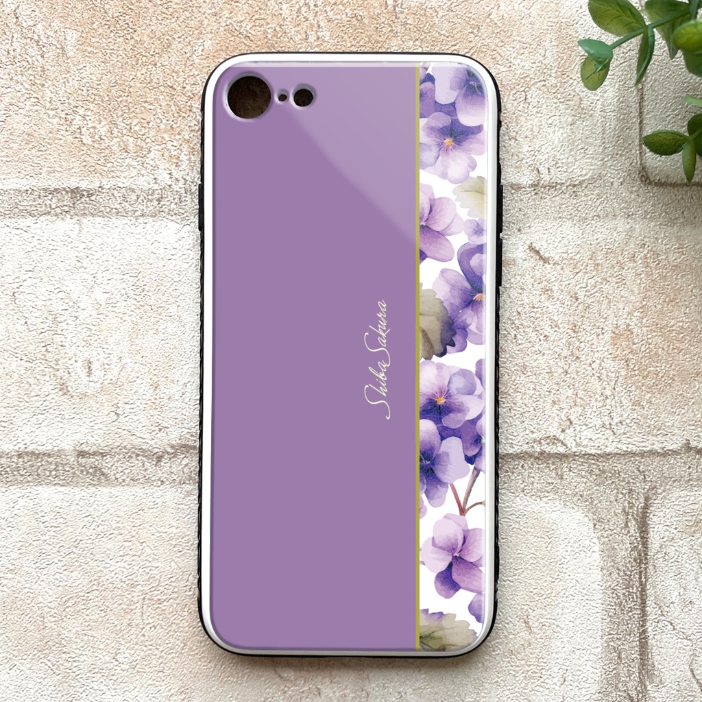 春のスミレのガラススマホケース（江戸紫）   iphone15 iphone14 スマホケース すみれ 春 花
